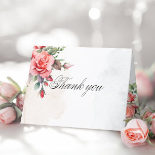 Romantic Pink Roses & Calligraphy Thank You Card