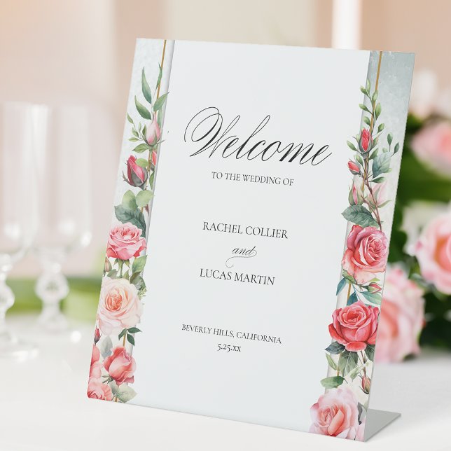 Romantic Pink Roses & Calligraphy Welcome Pedestal Sign (Creator Uploaded)