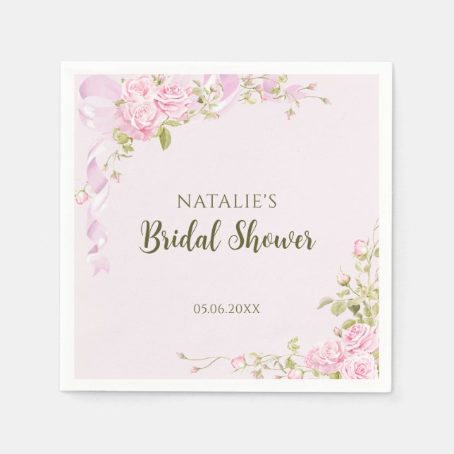 Romantic Pink Roses Chic Floral Bridal Shower  Napkin (Front)