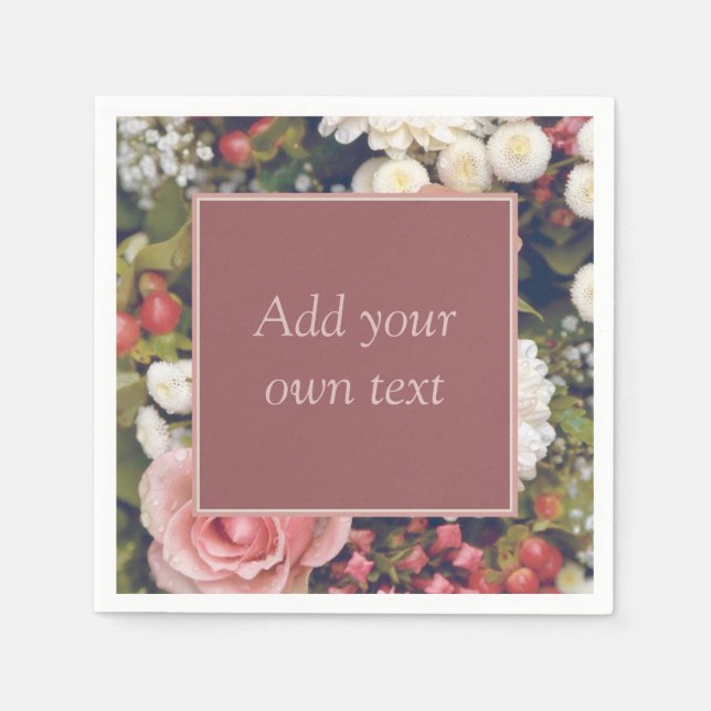 Romantic Pink Roses Custom Text Flower Bouquet Napkin (Front)