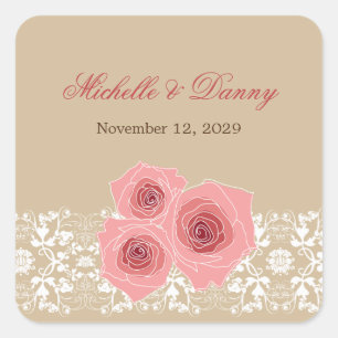 Romantic Pink Roses Damask Lace Vintage Wedding Square Sticker