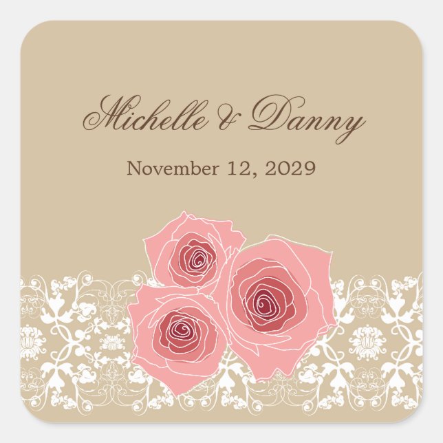 Romantic Pink Roses Damask Lace Wedding Sticker (Front)