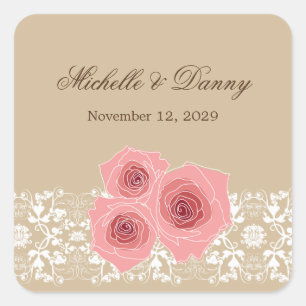 Romantic Pink Roses Damask Lace Wedding Sticker