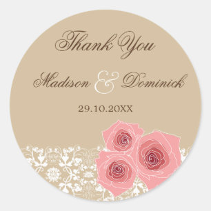 Romantic Pink Roses Damask Lace Wedding Sticker