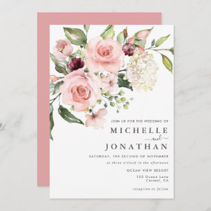 Romantic Pink Roses Dusty Rose Wedding Invitation