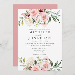 Romantic Pink Roses Dusty Rose Wedding  Invitation