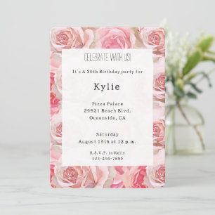 Romantic Pink Roses Floral Birthday   Invitation