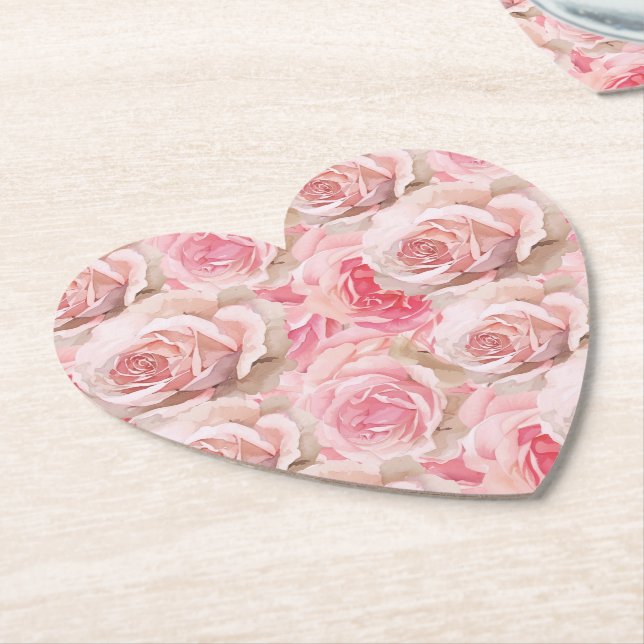 Romantic Pink Roses Floral Bridal Shower Paper Coaster (Angled)