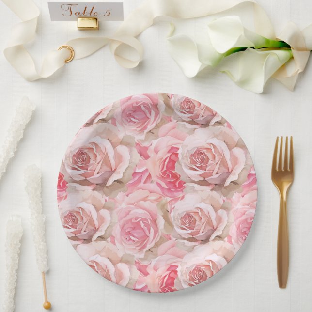 Romantic Pink Roses Floral Bridal Shower Paper Plate (Wedding)