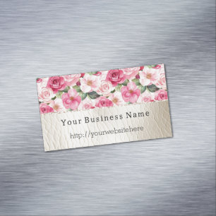 Romantic Pink Roses Floral Cream Faux Leather Magnetic Business Card