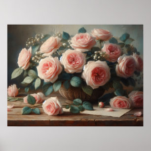 Romantic Pink Roses Floral Oil Painting Poster
