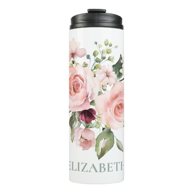 Romantic Pink Roses Floral Personalised Thermal Tumbler (Front)