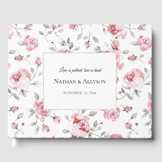Romantic Pink Roses Floral Wedding Guest Book (Front)