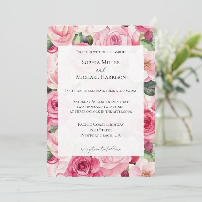 Romantic Pink Roses Floral Wedding Invitation (Standing Front)