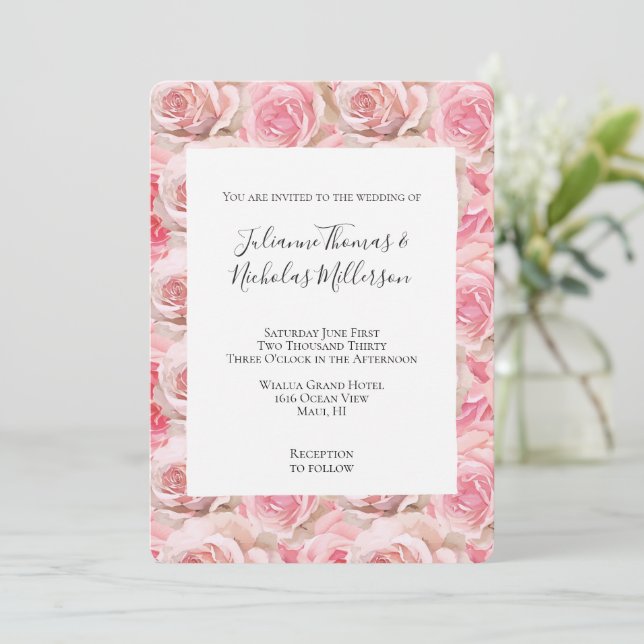 Romantic Pink Roses Floral Wedding Invitation (Standing Front)