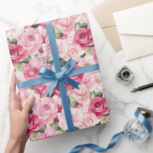 Romantic Pink Roses Floral Wedding Wrapping Paper