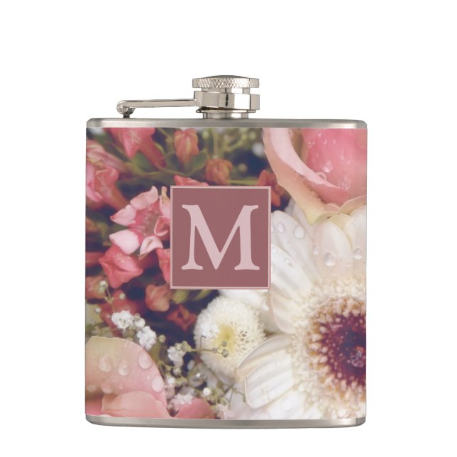 Romantic Pink Roses Flower Bouquet Monogram Hip Flask (Front)