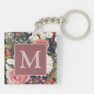 Romantic Pink Roses Flower Bouquet Monogram Key Ring