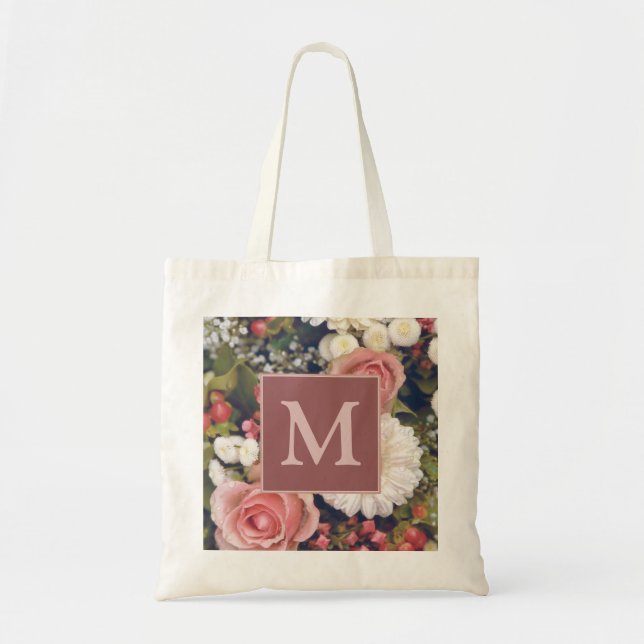 Romantic Pink Roses Flower Bouquet Monogram Tote Bag (Front)