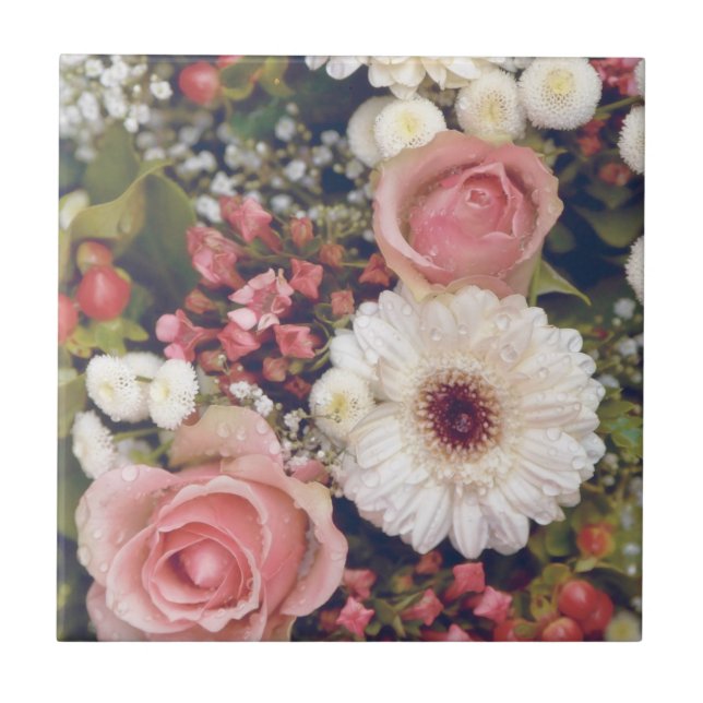 Romantic Pink Roses Flower Bouquet Tile (Front)
