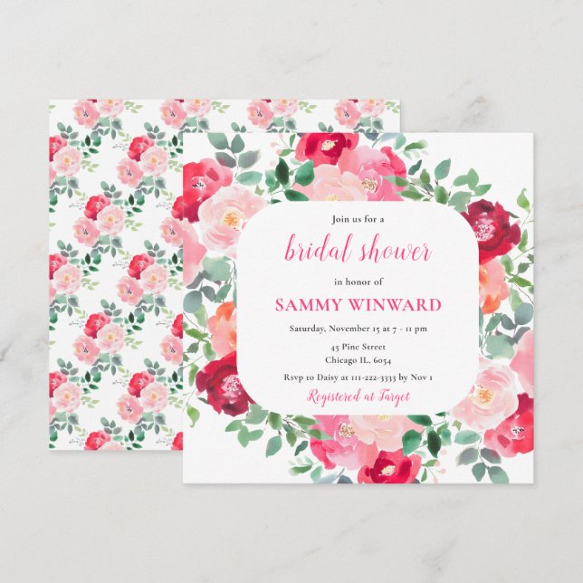 Romantic Pink Roses Flowers Bridal Shower Invitation (Front/Back)
