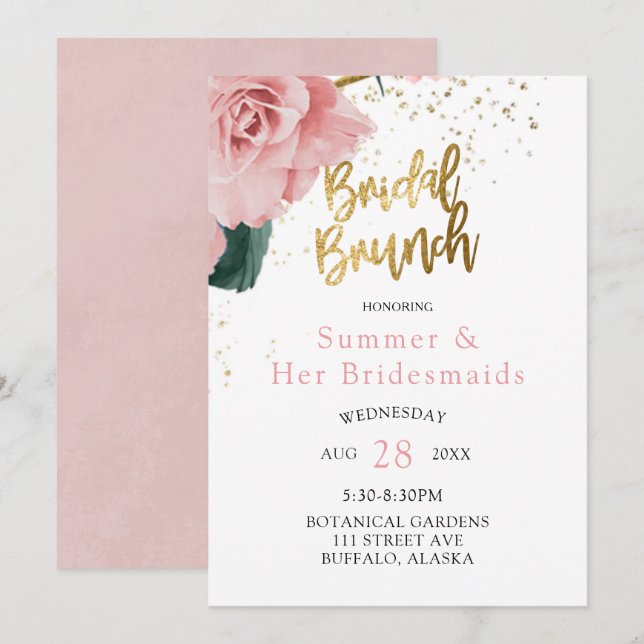 Romantic Pink Roses Gold Bridesmaids Luncheon Invitation (Front/Back)