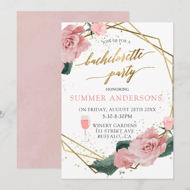 Romantic Pink Roses Gold Wine Bachelorette Party Invitation (Front/Back)