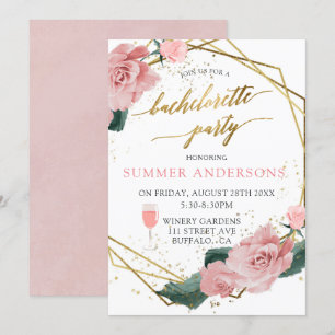 Romantic Pink Roses Gold Wine Bachelorette Party Invitation