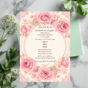 Romantic Pink Roses Ivory Vintage Valentine Party Invitation