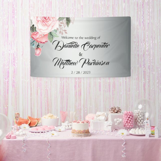 Romantic Pink Roses on Silver Wedding Welcome Banner (Party)