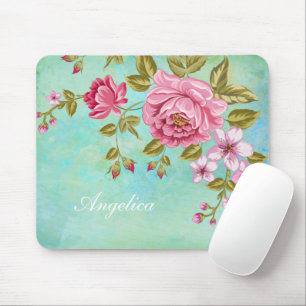 Romantic Pink Roses, Personalise your name Mouse Mat