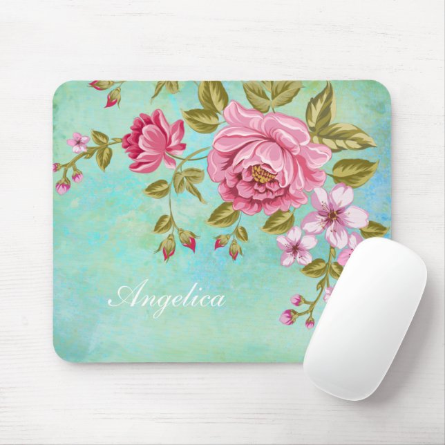 Romantic Pink Roses, Personalise your name Mouse Mat (With Mouse)