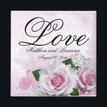 Romantic Pink Roses Personalised Keepsake Wedding Magnet<br><div class="desc">Beautiful pink roses and background create an elegant pink floral keepsake magnet. The word Love is written at the top in a large and formal script font. Your name and wedding date are below. Lovely wedding favour.</div>