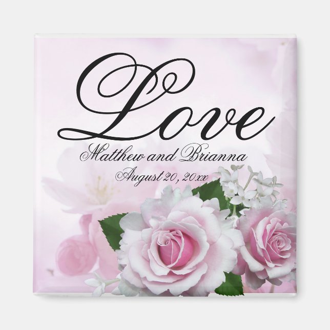Romantic Pink Roses Personalised Keepsake Wedding Magnet (Front)