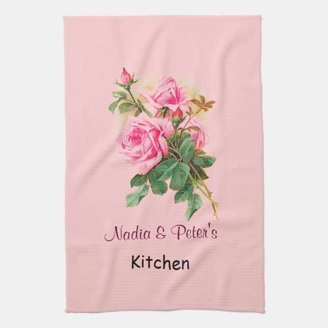 Romantic Pink Roses Personalised Tea Towel (Vertical)