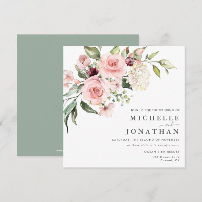 Romantic Pink Roses Sage Green Wedding  Invitation (Front/Back)