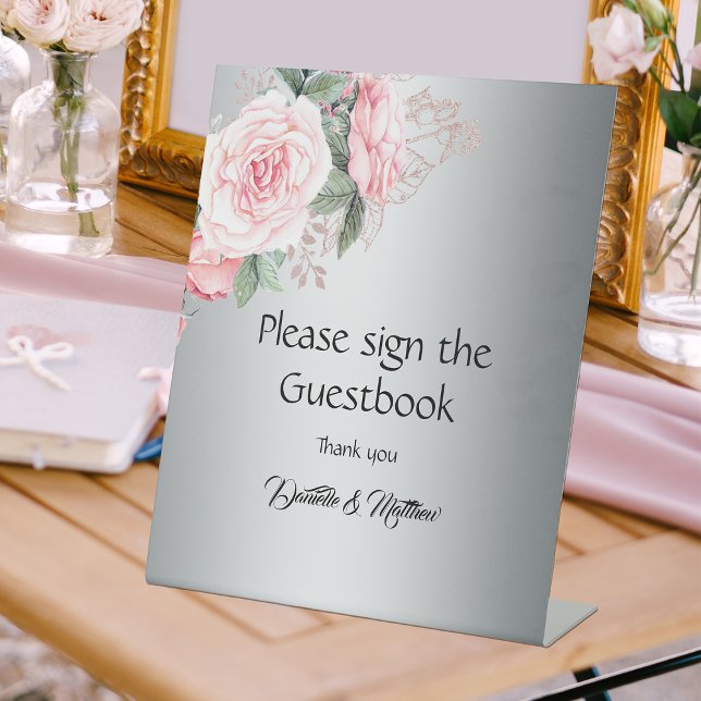 Romantic Pink Roses Silver Wedding Guestbook Pedestal Sign (Creator Uploaded)