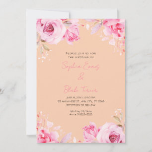 Romantic Pink Roses Summer Apricot Orange Wedding Invitation