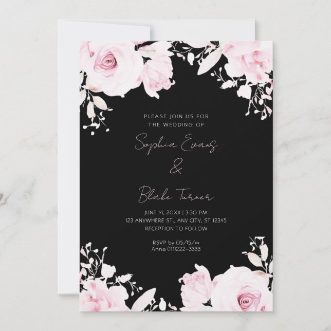 Romantic Pink Roses Summer Black Wedding Invitation (Front)