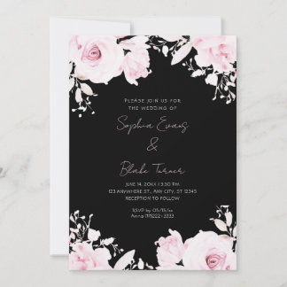 Romantic Pink Roses Summer Black Wedding Invitation