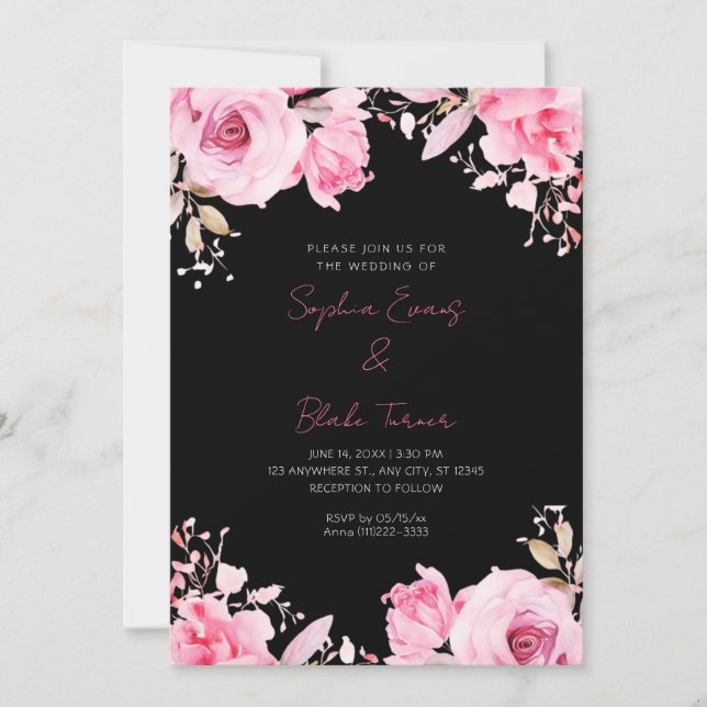 Romantic Pink Roses Summer Black Wedding Invitation (Front)