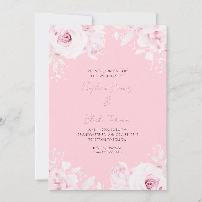 Romantic Pink Roses Summer Pastel Pink Wedding Invitation (Front)