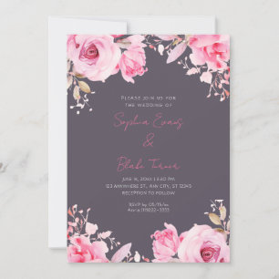 Romantic Pink Roses Summer Smoke Grey Wedding Invitation