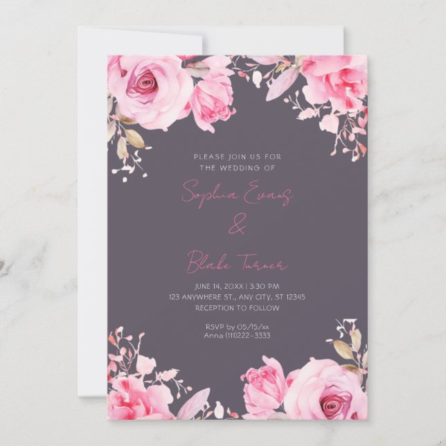 Romantic Pink Roses Summer Smoke Grey Wedding Invitation (Front)