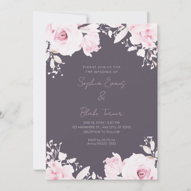Romantic Pink Roses Summer Smoke Grey Wedding Invitation (Front)