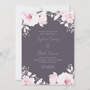 Romantic Pink Roses Summer Smoke Grey Wedding Invitation