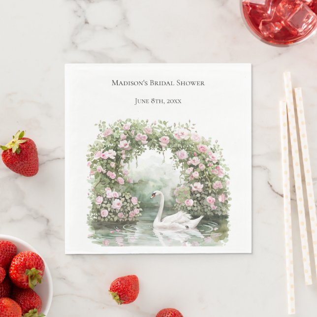 Romantic Pink Roses Swan Lake Floral Bridal Shower Napkin (Insitu)