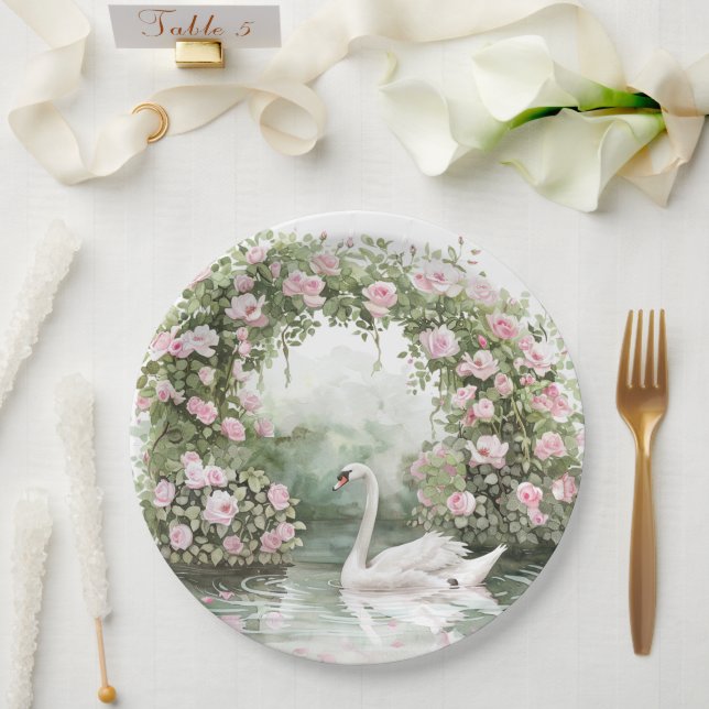 Romantic Pink Roses Swan Lake Floral Bridal Shower Paper Plate (Wedding)