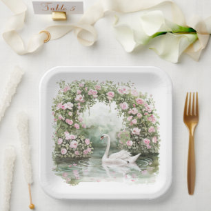 Romantic Pink Roses Swan Lake Floral Bridal Shower Paper Plate