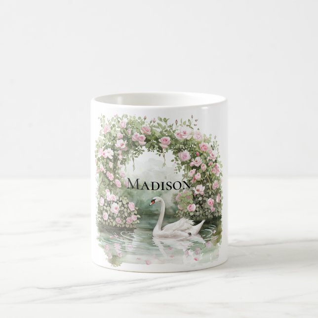 Romantic Pink Roses Swan Lake Floral   Coffee Mug (Center)